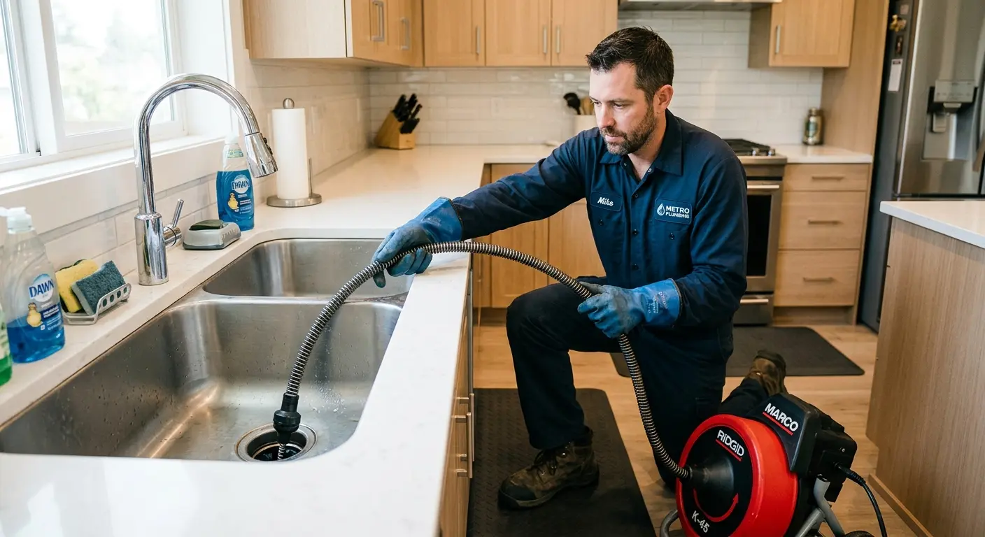 Drain cleaning technician using a motorized snake on a kitchen sink in Lenox