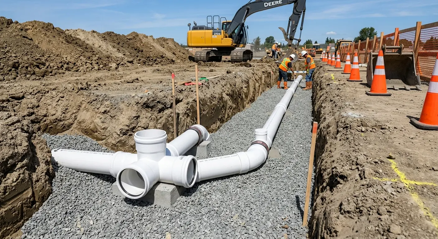 New PVC sewer pipe installation in open trench for Commercial Drain Cleaning in Lenox