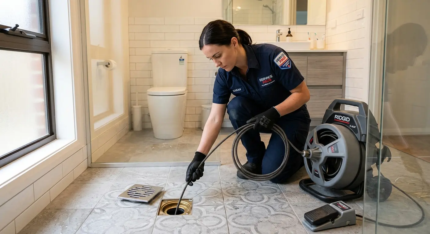 Technician clearing a bathroom floor drain for Drain Repair in Lenox